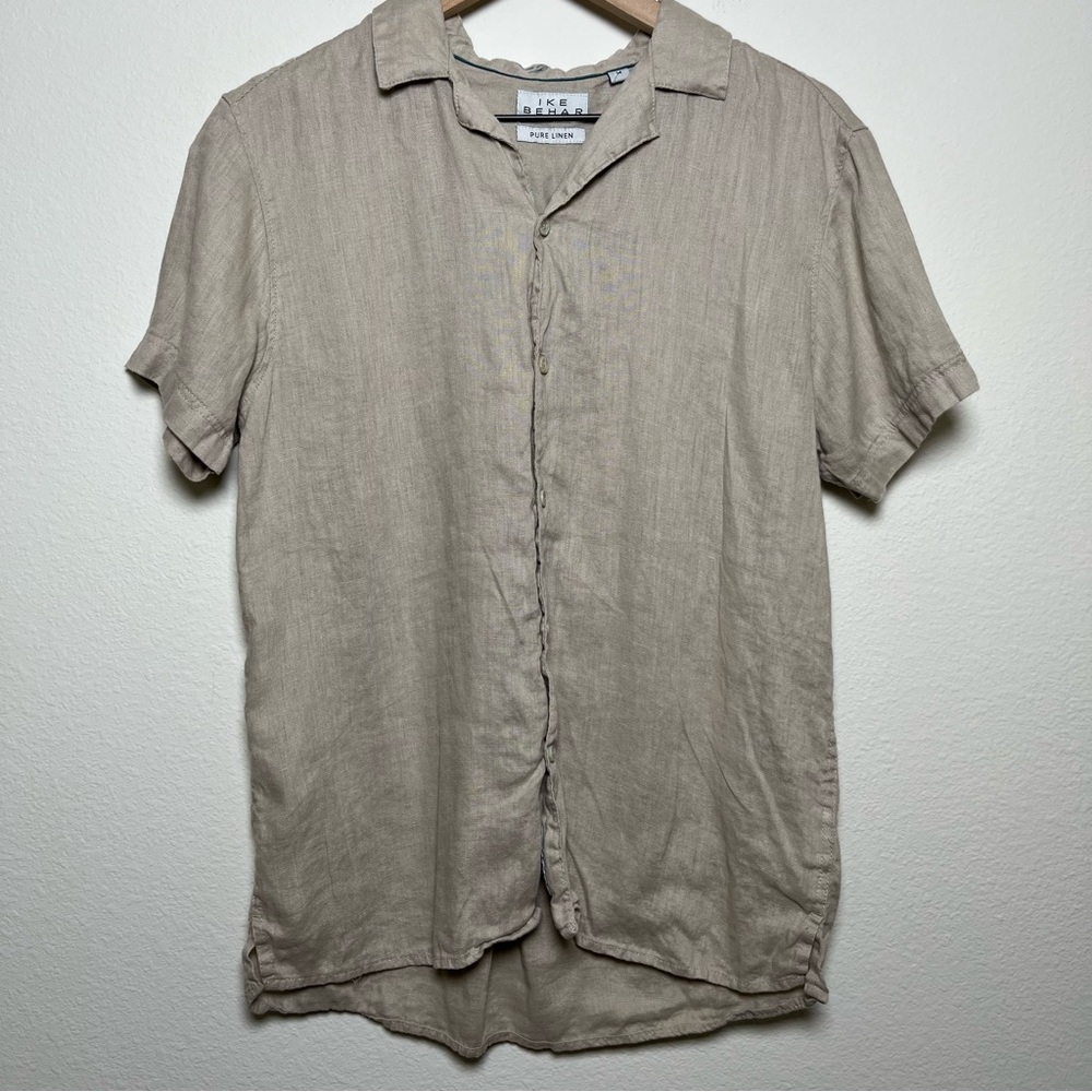 ike Behar Women 100% Pure Linen Button Front Shirt Medium Tan Coastal Short Slee